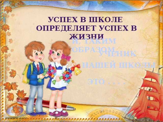 УСПЕХ В ШКОЛЕ ОПРЕДЕЛЯЕТ УСПЕХ В ЖИЗНИ И, ТАКИМ ОБРАЗОМ, УЧЕНИК НАШЕЙ ШКОЛЫ –  ЭТО . . . . 