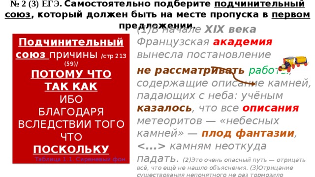 № 2 (3) ЕГЭ. Самостоятельно подберите подчинительный союз , который должен быть на месте пропуска в первом предложении. (1)В начале XIX века Французская академия вынесла постановление не рассматривать работы , содержащие описание камней, падающих с неба: учёным казалось , что все описания метеоритов — «небесных камней» — плод фантазии ,  камням неоткуда падать. (2)Это очень опасный путь — отрицать всё, что ещё не нашло объяснения. (З)Отрицание существования непонятного не раз тормозило развитие науки. Подчинительный союз причины /стр 213 (59)/ ПОТОМУ ЧТО ТАК КАК  ИБО  БЛАГОДАРЯ  ВСЛЕДСТВИИ ТОГО ЧТО ПОСКОЛЬКУ Таблица 1.1. Сиреневый фон. 