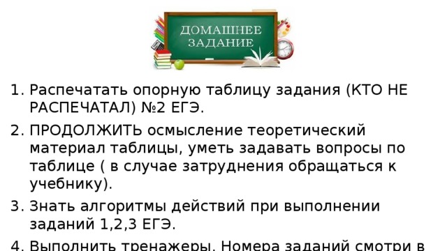 Распечатать опорную таблицу задания (КТО НЕ РАСПЕЧАТАЛ) №2 ЕГЭ. ПРОДОЛЖИТЬ осмысление теоретический материал таблицы, уметь задавать вопросы по таблице ( в случае затруднения обращаться к учебнику). Знать алгоритмы действий при выполнении заданий 1,2,3 ЕГЭ. Выполнить тренажеры. Номера заданий смотри в дневнике. 