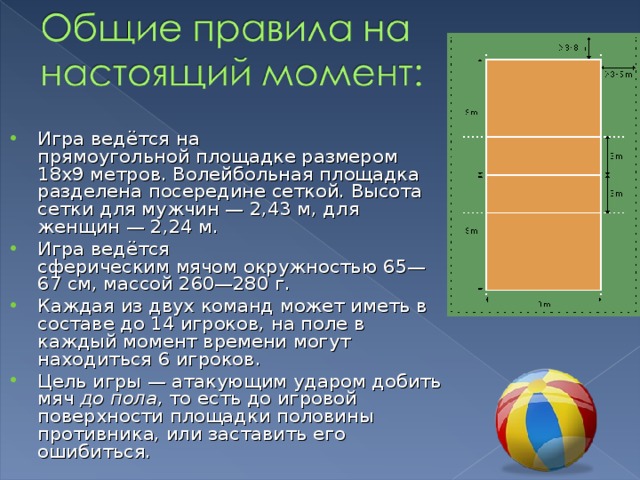 Игра ведётся на прямоугольной площадке размером 18х9 метров. Волейбольная площадка разделена посередине сеткой. Высота сетки для мужчин — 2,43 м, для женщин — 2,24 м. Игра ведётся сферическим мячом окружностью 65—67 см, массой 260—280 г. Каждая из двух команд может иметь в составе до 14 игроков, на поле в каждый момент времени могут находиться 6 игроков. Цель игры — атакующим ударом добить мяч  до пола , то есть до игровой поверхности площадки половины противника, или заставить его ошибиться.  