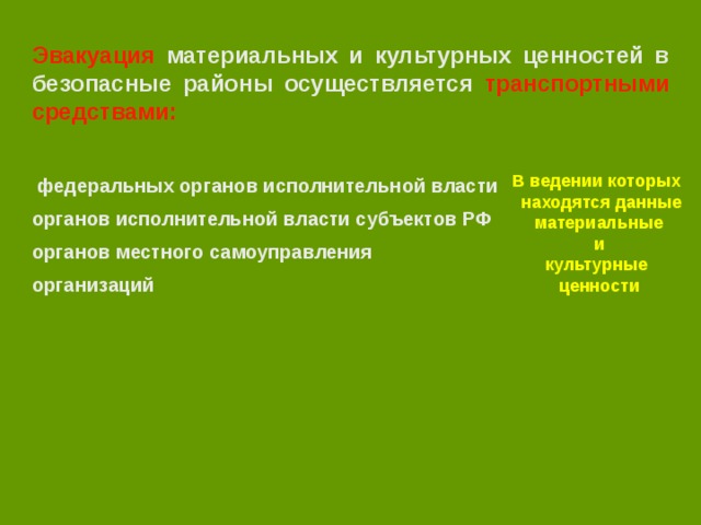 Территориально-производственный  принцип   эвакуация работников организаций, переносящих производственную деятельность  в загородную зону, рассредоточение работников организаций, а также эвакуация неработающих членов семей указанных работников организуются и проводятся соответствующими должностными лицами организаций эвакуация остального населения, не занятого в производстве, - по месту жительства через жилищно-эксплутационные органы  эвакуация остального нетрудоспособного и не занятого в производстве населения организуется по месту жительства должностными лицами  соответствующих органов местного самоуправления 