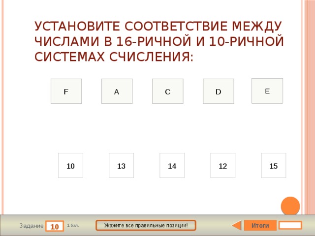 Установите соответствие между числами в 16-ричной и 10-ричной системах счисления: E F C D A 13 14 12 15 10 Итоги Укажите все правильные позиции! 10 Задание 1 бал. 
