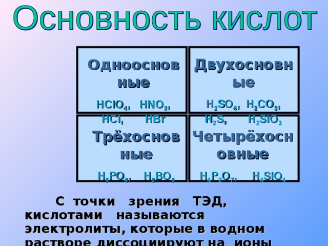 Двухосновные H 2 SO 4 ,  H 2 CO 3 ,  H 2 S,  H 2 SiO 3 Одноосновные HClO 4 ,  HNO 3 ,  HCl,  HBr Четырёхосновные H 4 P 2 O 7 ,  H 4 SiO 4 Трёхосновные H 3 PO 4 ,  H 3 BO 3  С  точки зрения ТЭД, кислотами называются электролиты, которые в водном растворе диссоциируют на ионы водорода и ионы кислотных остатков. 