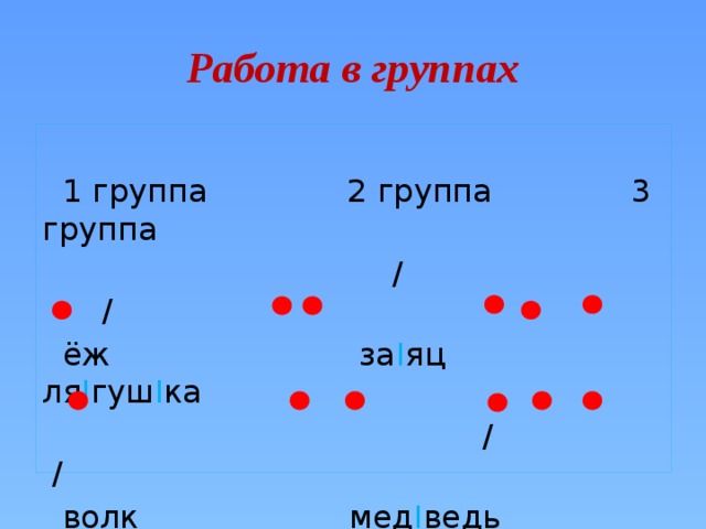 Работа в группах  1 группа 2 группа 3 группа  / /  ёж за I яц ля I гуш I ка  / /  волк мед I ведь ку I роч I ка 