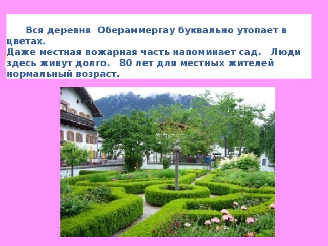  Вся деревня  Обераммергау буквально утопает в цветах. Даже местная пожарная часть напоминает сад. Люди здесь живут долго. 80 лет для местных жителей нормальный возраст.   