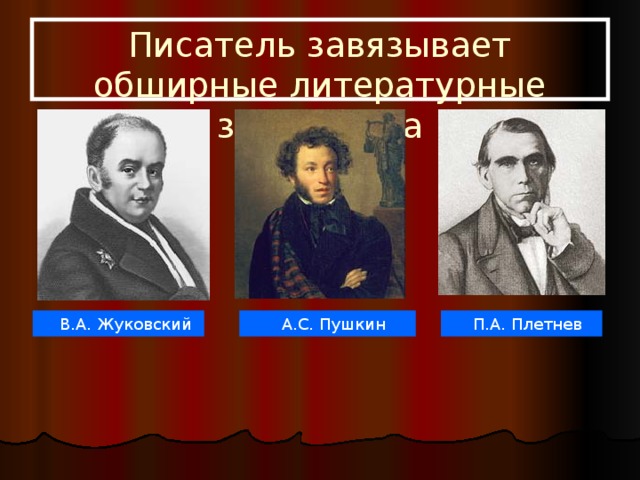 Писатель завязывает обширные литературные знакомства  В.А. Жуковский  А.С. Пушкин  П.А. Плетнев 