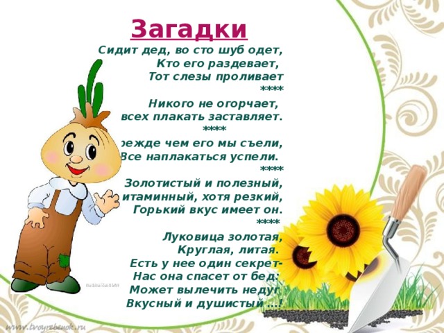 Загадки Сидит дед, во сто шуб одет,  Кто его раздевает, Тот слезы проливает  ****  Никого не огорчает, А всех плакать заставляет.  ****  Прежде чем его мы съели,  Все наплакаться успели.  **** Золотистый и полезный,  Витаминный, хотя резкий,  Горький вкус имеет он.  **** Луковица золотая,  Круглая, литая. Есть у нее один секрет-  Нас она спасет от бед: Может вылечить недуг Вкусный и душистый …! 