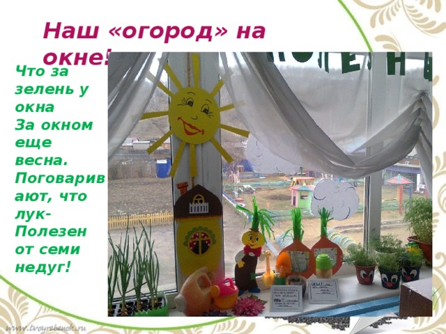 Наш «огород» на окне! Приятного аппетита! Что за зелень у окна За окном еще весна. Поговаривают, что лук- Полезен от семи недуг! Ешьте все зеленый лук, Он здоровью верный друг! 
