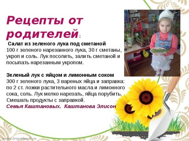Рецепты от родителей :  Салат из зеленого лука под сметаной 100 г зеленого нарезанного лука, 30 г сметаны, укроп и соль. Лук посолить, залить сметаной и посыпать нарезанным укропом. Зеленый лук с яйцом и лимонным соком 300 г зеленого лука, 3 вареных яйца и заправка: по 2 ст. ложки растительного масла и лимонного сока, соль. Лук мелко нарезать, яйца порубить. Смешать продукты с заправкой. Семья Каштановых. Каштанова Элисон 