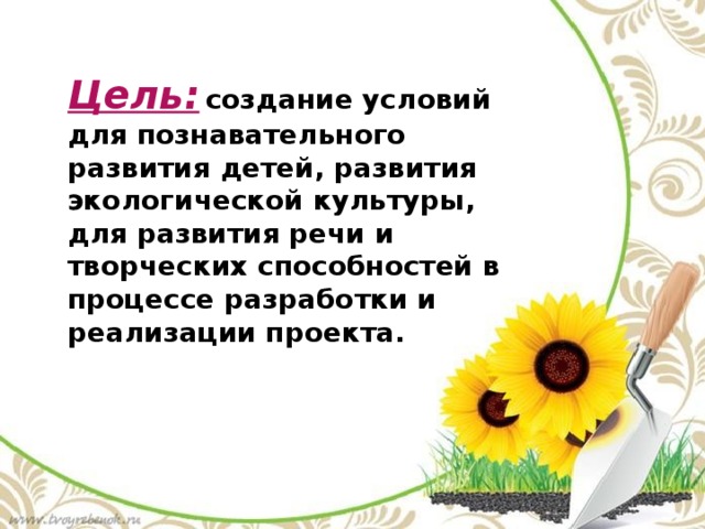 Цель:  создание условий для познавательного развития детей, развития экологической культуры, для развития речи и творческих способностей в процессе разработки и реализации проекта. 