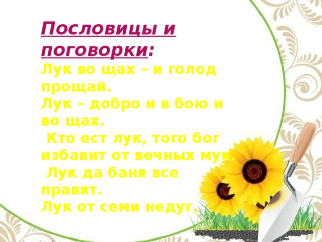 Пословицы и поговорки : Лук во щах – и голод прощай. Лук – добро и в бою и во щах.  Кто ест лук, того бог избавит от вечных мук.  Лук да баня все правят. Лук от семи недуг. Зеленый цвет – цвет самой природы, вечного обновления и бессмертия. Он вызывает чувство уравновешенности, гармонии, спокойствия и надежды, помогает рассеивать отрицательные эмоции.  И зелен и густ – На грядке вырос куст. Начали щипать – Стали плакать и рыдать. Зеленый лук! 