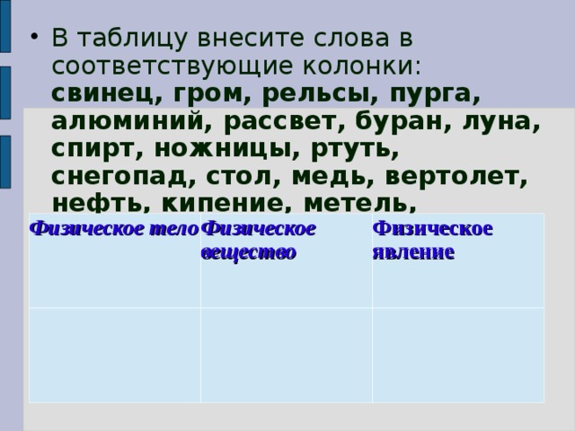 В таблицу внесите слова в соответствующие колонки: свинец, гром, рельсы, пурга, алюминий, рассвет, буран, луна, спирт, ножницы, ртуть, снегопад, стол, медь, вертолет, нефть, кипение, метель, выстрел, наводнение Физическое тело Физическое вещество Физическое явление 
