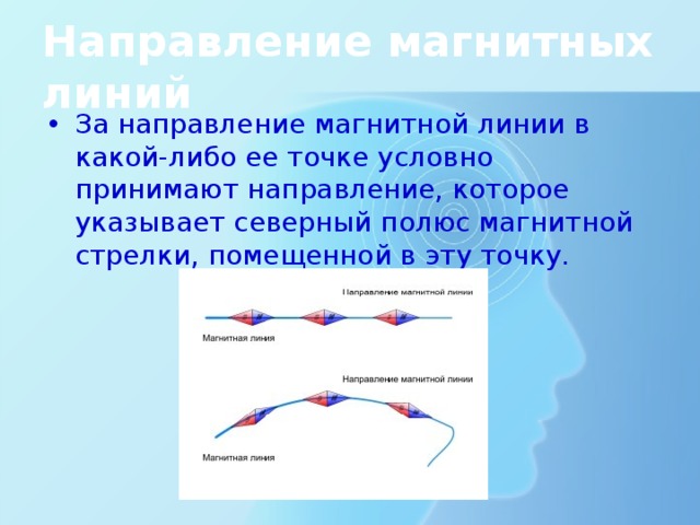 Направление магнитных линий За направление магнитной линии в какой-либо ее точке условно принимают направление, которое указывает северный полюс магнитной стрелки, помещенной в эту точку. 
