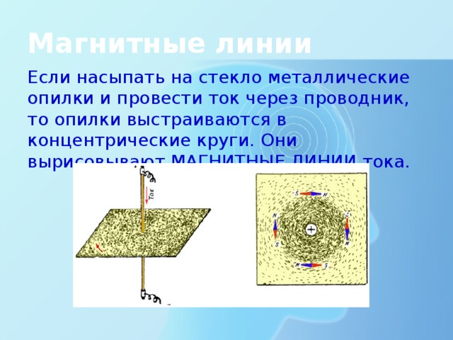 Магнитные линии Если насыпать на стекло металлические опилки и провести ток через проводник, то опилки выстраиваются в концентрические круги. Они вырисовывают МАГНИТНЫЕ ЛИНИИ тока. 