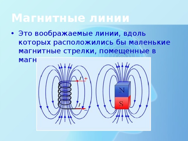 Магнитные линии Это воображаемые линии, вдоль которых расположились бы маленькие магнитные стрелки, помещенные в магнитном поле. 