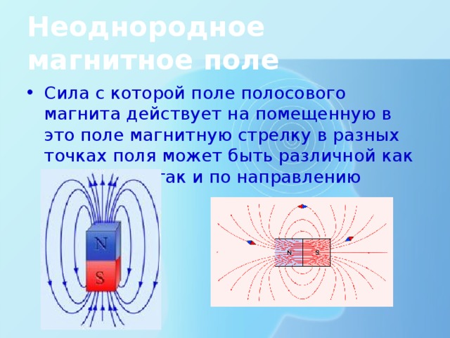 Неоднородное магнитное поле Сила с которой поле полосового магнита действует на помещенную в это поле магнитную стрелку в разных точках поля может быть различной как по модулю, так и по направлению 