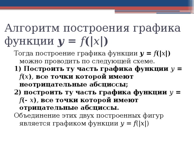 Алгоритм построения графика функции у = f (| x |) Тогда построение графика функции у = f (| x |) можно проводить по следующей схеме. 1) Построить ту часть графика функции у = f ( x ) , все точки которой имеют неотрицательные абсциссы; 2) построить ту часть графика функции у = f (- x ) , все точки которой имеют отрицательные абсциссы. Объединение этих двух построенных фигур является графиком функции у = f (| x |) 