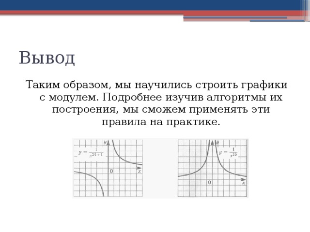 Вывод Таким образом, мы научились строить графики с модулем. Подробнее изучив алгоритмы их построения, мы сможем применять эти правила на практике. 