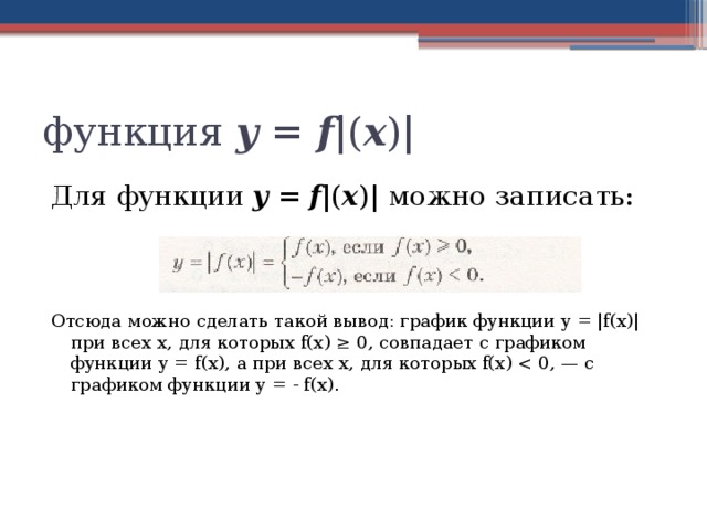 функция у  =  f | ( x ) | Для функции у  =  f | ( x ) | можно записать: Отсюда можно сделать такой вывод: график функции у = |f(х)| при всех х, для которых f(x) ≥ 0, совпадает с графиком функции у = f(x), а при всех х, для которых f(x) 