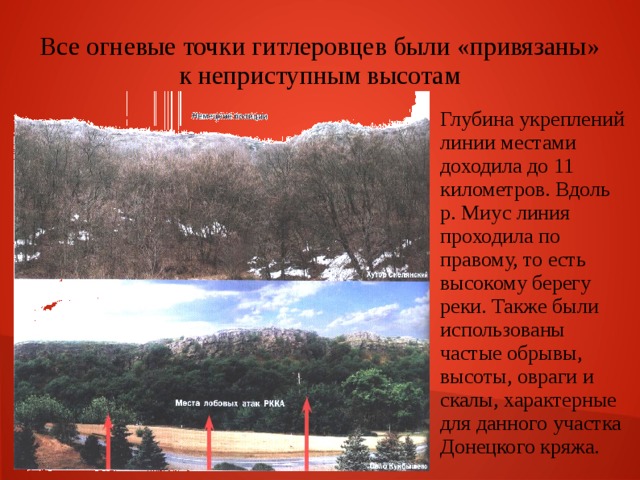 Все огневые точки гитлеровцев были «привязаны» к неприступным высотам Глубина укреплений линии местами доходила до 11 километров. Вдоль р. Миус линия проходила по правому, то есть высокому берегу реки. Также были использованы частые обрывы, высоты, овраги и скалы, характерные для данного участка Донецкого кряжа. 