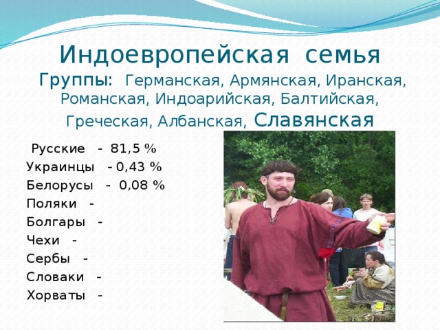 Индоевропейская семья  Группы: Германская, Армянская, Иранская, Романская, Индоарийская, Балтийская, Греческая, Албанская,  Славянская  Русские - 81,5 % Украинцы - 0,43 % Белорусы - 0,08 % Поляки - Болгары - Чехи - Сербы - Словаки - Хорваты - 