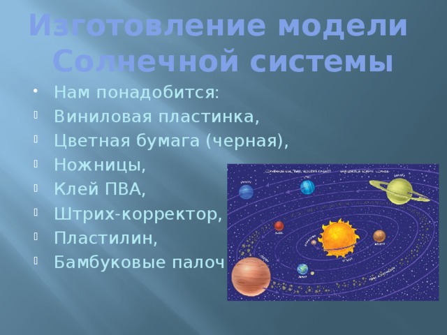 Изготовление модели  Солнечной системы Нам понадобится: Виниловая пластинка, Цветная бумага (черная), Ножницы, Клей ПВА, Штрих-корректор, Пластилин, Бамбуковые палочки. 