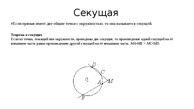 Секущая #Если прямая имеет две общие точки с окружностью, то она называется секущей. Теорема о секущих Если из точки, лежащей вне окружности, проведены две секущие, то произведение одной секущей на её внешнюю часть равно произведению другой секущей на её внешнюю часть.  MA•MB = MC•MD. 