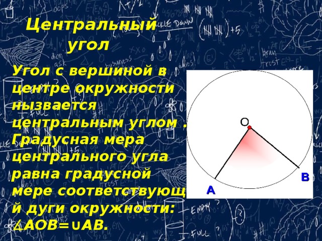 Центральный угол Угол с вершиной в центре окружности нызвается центральным углом . Градусная мера центрального угла равна градусной мере соответствующей дуги окружности: ∡ AOB=∪AB.   