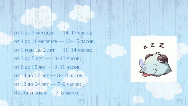 от 0 до 3 месяцев — 14–17 часов; от 4 до 11 месяцев — 12–15 часов; от 1 года до 2 лет — 11–14 часов; от 3 до 5 лет — 10–13 часов; от 6 до 15 лет — 9–11 часов; от 14 до 17 лет — 8–10 часов; от 18 до 64 лет — 7–9 часов; 65 лет и более — 7–8 часов. 