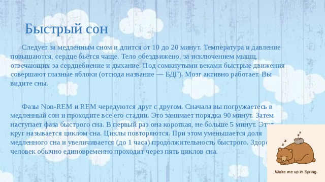 Быстрый сон Следует за медленным сном и длится от 10 до 20 минут. Температура и давление повышаются, сердце бьётся чаще. Тело обездвижено, за исключением мышц, отвечающих за сердцебиение и дыхание. Под сомкнутыми веками быстрые движения совершают глазные яблоки (отсюда название — БДГ). Мозг активно работает. Вы видите сны. Фазы Non-REM и REM чередуются друг с другом. Сначала вы погружаетесь в медленный сон и проходите все его стадии. Это занимает порядка 90 минут. Затем наступает фаза быстрого сна. В первый раз она короткая, не больше 5 минут. Этот круг называется циклом сна. Циклы повторяются. При этом уменьшается доля медленного сна и увеличивается (до 1 часа) продолжительность быстрого. Здоровый человек обычно единовременно проходит через пять циклов сна. 