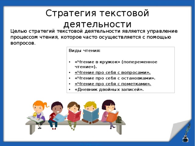 Стратегия текстовой деятельности Целью стратегий текстовой деятельности является управление процессом чтения, которое часто осуществляется с помощью вопросов.   Виды чтения:  «Чтение в кружок» (попеременное чтение»). «Чтение про себя с вопросами». «Чтение про себя с остановками». «Чтение про себя с пометками». «Дневник двойных записей». 