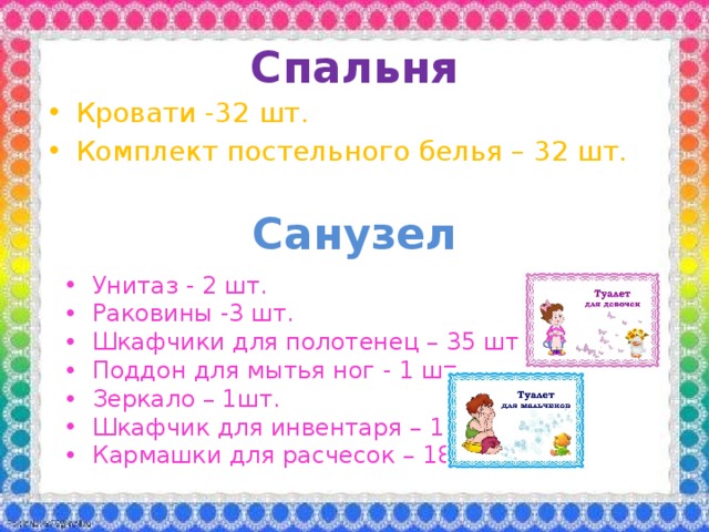 Спальня Кровати -32 шт. Комплект постельного белья – 32 шт. Санузел Унитаз - 2 шт. Раковины -3 шт. Шкафчики для полотенец – 35 шт. Поддон для мытья ног - 1 шт. Зеркало – 1шт. Шкафчик для инвентаря – 1 шт. Кармашки для расчесок – 18 шт. 