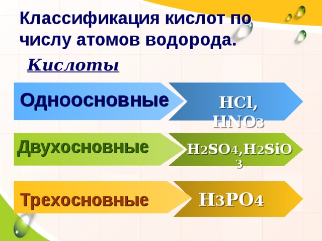 Классификация кислот по числу атомов водорода. Кислоты Одноосновные HCl, HNO 3 Двухосновные H 2 SO 4 ,H 2 SiO 3 Трехосновные H 3 PO 4 