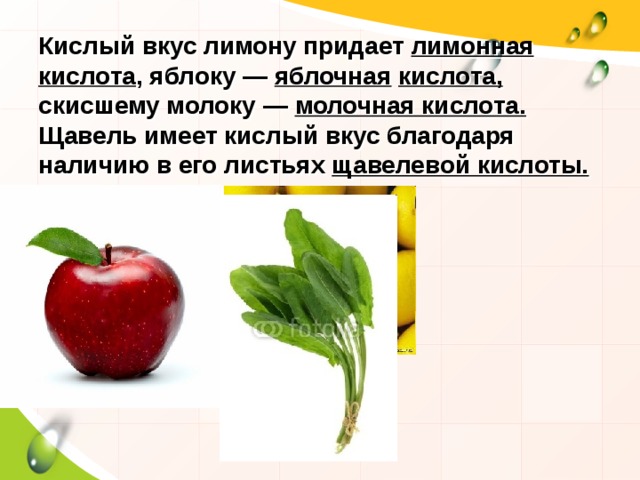 Кислый вкус лимону придает лимонная кислота , яблоку — яблочная  кислота, скисшему молоку — молочная кислота. Щавель имеет кислый вкус благодаря наличию в его листьях щавелевой кислоты. 