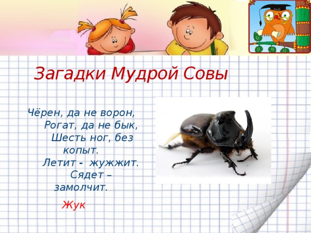 Загадки Мудрой Совы Чёрен, да не ворон,  Рогат, да не бык,  Шесть ног, без копыт.  Летит - жужжит.  Сядет – замолчит.    Жук 
