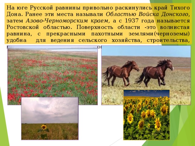 На юге Русской равнины привольно раскинулись край Тихого Дона. Ранее эти места называли Областью Войска Донского , затем Азово-Черноморским  краем, а с 1937 года называется Ростовской областью. Поверхность области -это волнистая равнина, с прекрасными пахотными землями(черноземы) удобна для ведения сельского хозяйства, строительства, городов, заводов, дорог, газопроводов.  