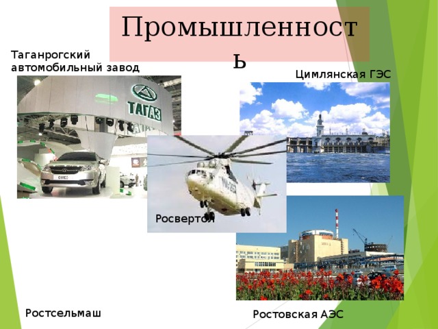 Промышленность Таганрогский автомобильный завод Цимлянская ГЭС Росвертол  Ростсельмаш  Ростовская АЭС  