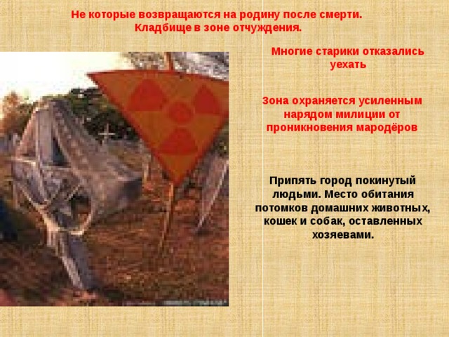 Не которые возвращаются на родину после смерти. Кладбище в зоне отчуждения. Многие старики отказались уехать Зона охраняется усиленным нарядом милиции от проникновения мародёров Припять город покинутый людьми. Место обитания потомков домашних животных, кошек и собак, оставленных хозяевами. 
