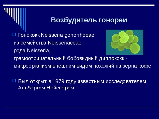 Возбудитель гонореи Гонококк Neisseria gonorrhoeae  из семейства Neisseriaceae  рода Neisseria,  грамоотрицательный бобовидный диплококк -  микроорганизм внешним видом похожий на зерна кофе Был открыт в 1879 году известным исследователем Альбертом Нейссером 