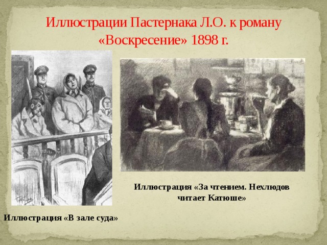 Иллюстрации Пастернака Л.О. к роману «Воскресение» 1898 г. Иллюстрация «За чтением. Нехлюдов читает Катюше» Иллюстрация «В зале суда» 