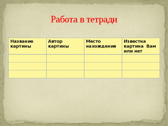 Работа в тетради Название картины Автор картины Место нахождения Известна картина Вам или нет 