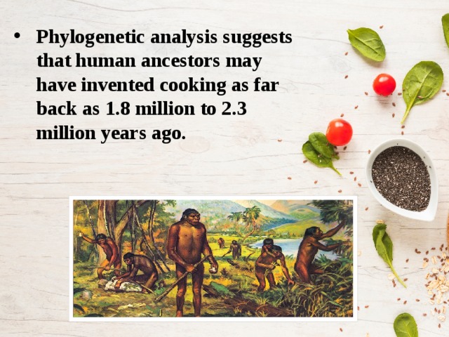 Phylogenetic analysis suggests that human ancestors may have invented cooking as far back as 1.8 million to 2.3 million years ago. 