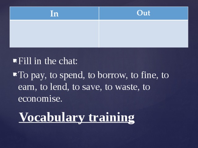 In Out Fill in the chat: To pay, to spend, to borrow, to fine, to earn, to lend, to save, to waste, to economise. Vocabulary training 