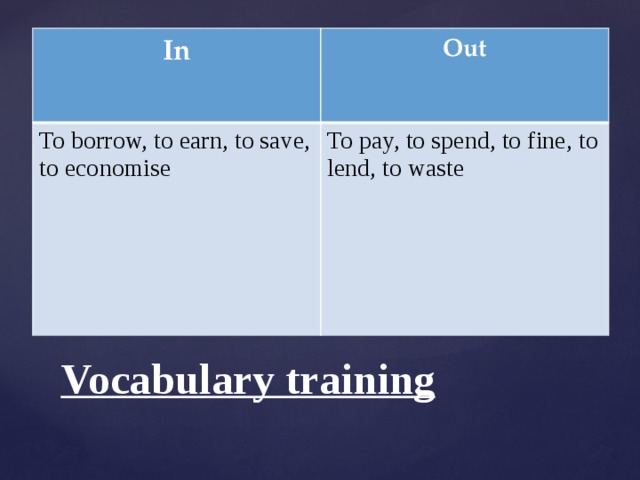 In Out To borrow, to earn, to save, to economise To pay, to spend, to fine, to lend, to waste Vocabulary training 