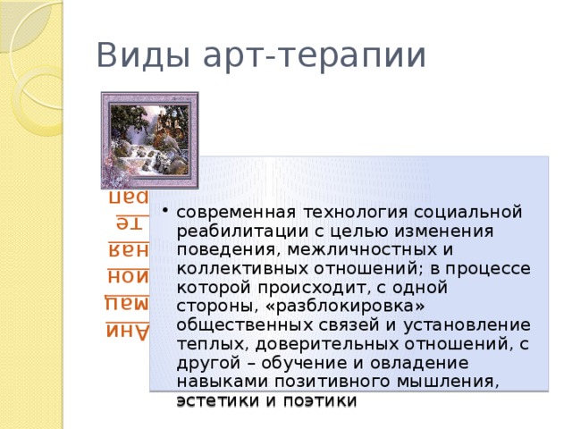 Виды арт-терапии современная технология социальной реабилитации с целью изменения поведения, межличностных и коллективных отношений; в процессе которой происходит, с одной стороны, «разблокировка» общественных связей и установление теплых, доверительных отношений, с другой – обучение и овладение навыками позитивного мышления, эстетики и поэтики современная технология социальной реабилитации с целью изменения поведения, межличностных и коллективных отношений; в процессе которой происходит, с одной стороны, «разблокировка» общественных связей и установление теплых, доверительных отношений, с другой – обучение и овладение навыками позитивного мышления, эстетики и поэтики 