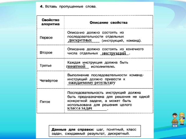 дискретных инструкций понятной ожидаемому результату класса задач 