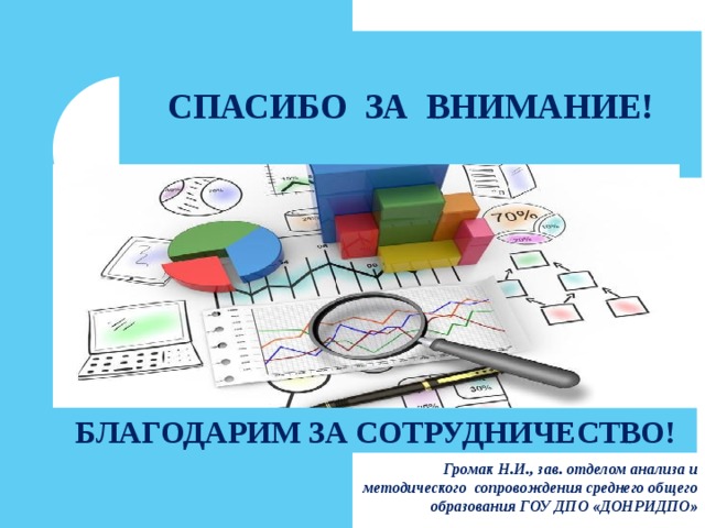СПАСИБО ЗА ВНИМАНИЕ!  БЛАГОДАРИМ ЗА СОТРУДНИЧЕСТВО! Громак Н.И., зав. отделом анализа и методического сопровождения среднего общего образования ГОУ ДПО «ДОНРИДПО» 