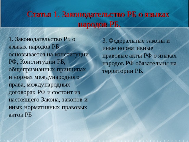  Статья 1. Законодательство РБ о языках  народов РБ. 1. Законодательство РБ о языках народов РБ основывается на конституции РФ, Конституции РБ, общепризнанных принципах и нормах международного права, международных договорах РФ и состоит из настоящего Закона, законов и иных нормативных правовых актов РБ 3. Федеральные законы и иные нормативные правовые акты РФ о языках народов РФ обязательны на территории РБ. 