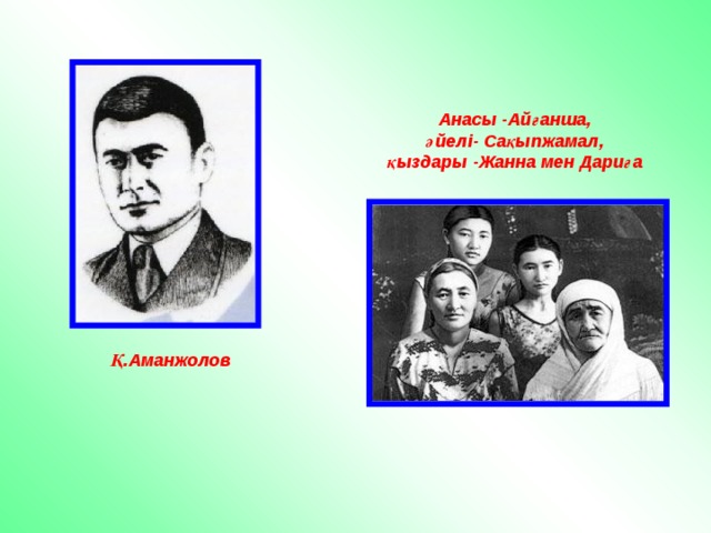 Анасы -Айғанша, әйелі- Сақыпжамал, қыздары -Жанна мен Дариға Қ.Аманжолов 