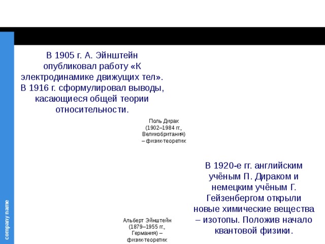 В 1905 г. А. Эйнштейн опубликовал работу «К электродинамике движущих тел». В 1916 г. сформулировал выводы, касающиеся общей теории относительности. Поль Дирак (1902–1984 гг., Великобритания) – физик-теоретик В 1920-е гг. английским учёным П. Дираком и немецким учёным Г. Гейзенбергом открыли новые химические вещества – изотопы. Положив начало квантовой физики. Альберт Эйнштейн (1879–1955 гг., Германия) – физик-теоретик 